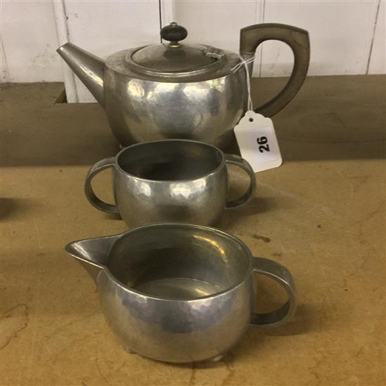 Liberty Tudric three-piece pewter tea set, no 01535